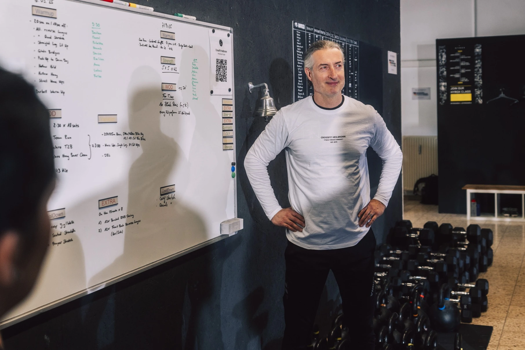 Ein Coach steht vor einem Whiteboard mit Trainingsplänen in der CrossFit-Box Heilbronn und blickt lächelnd zur Gruppe.